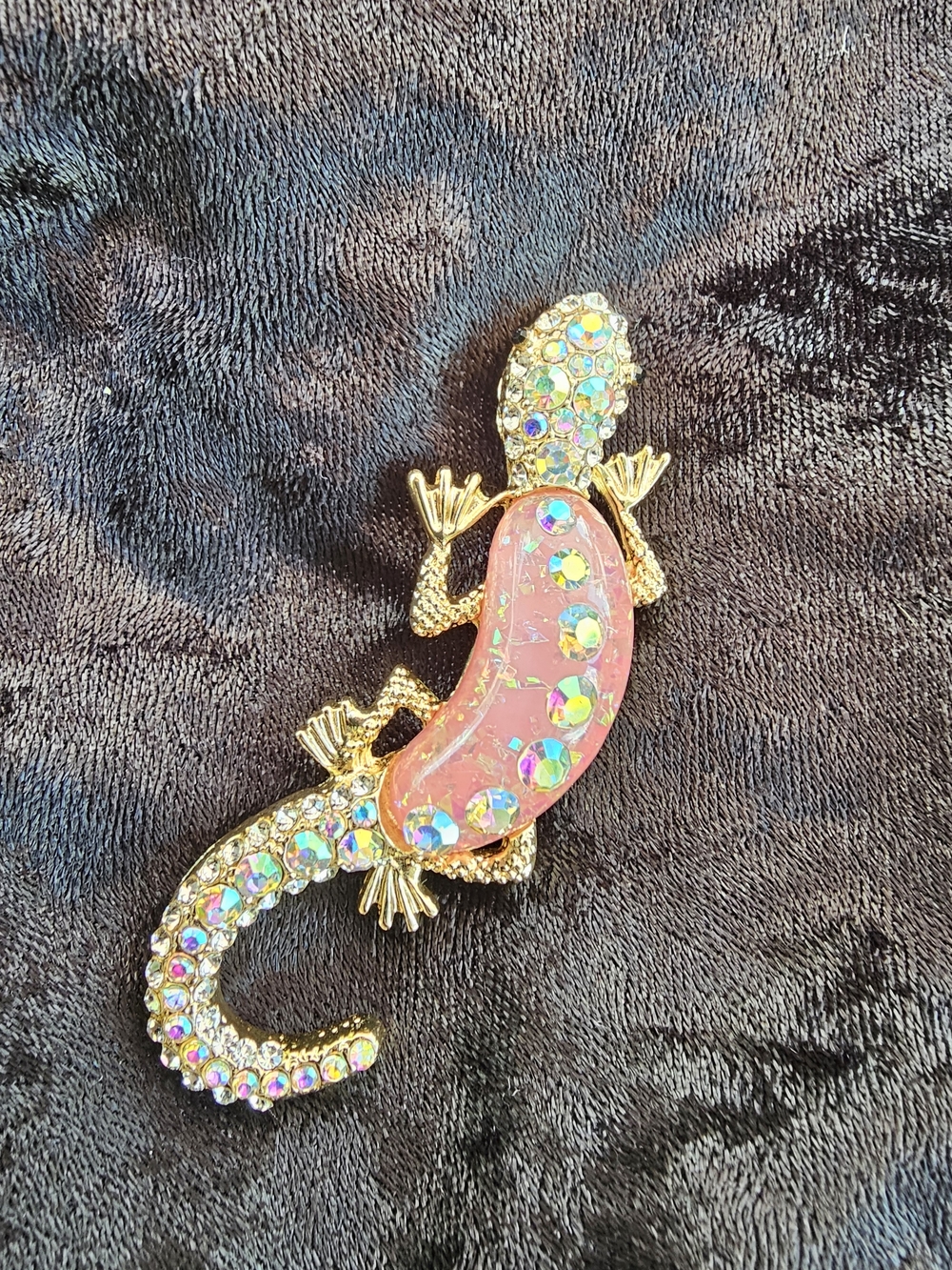 Gold-tone Pink Iridescent Lizard Brooch with AB Crystals